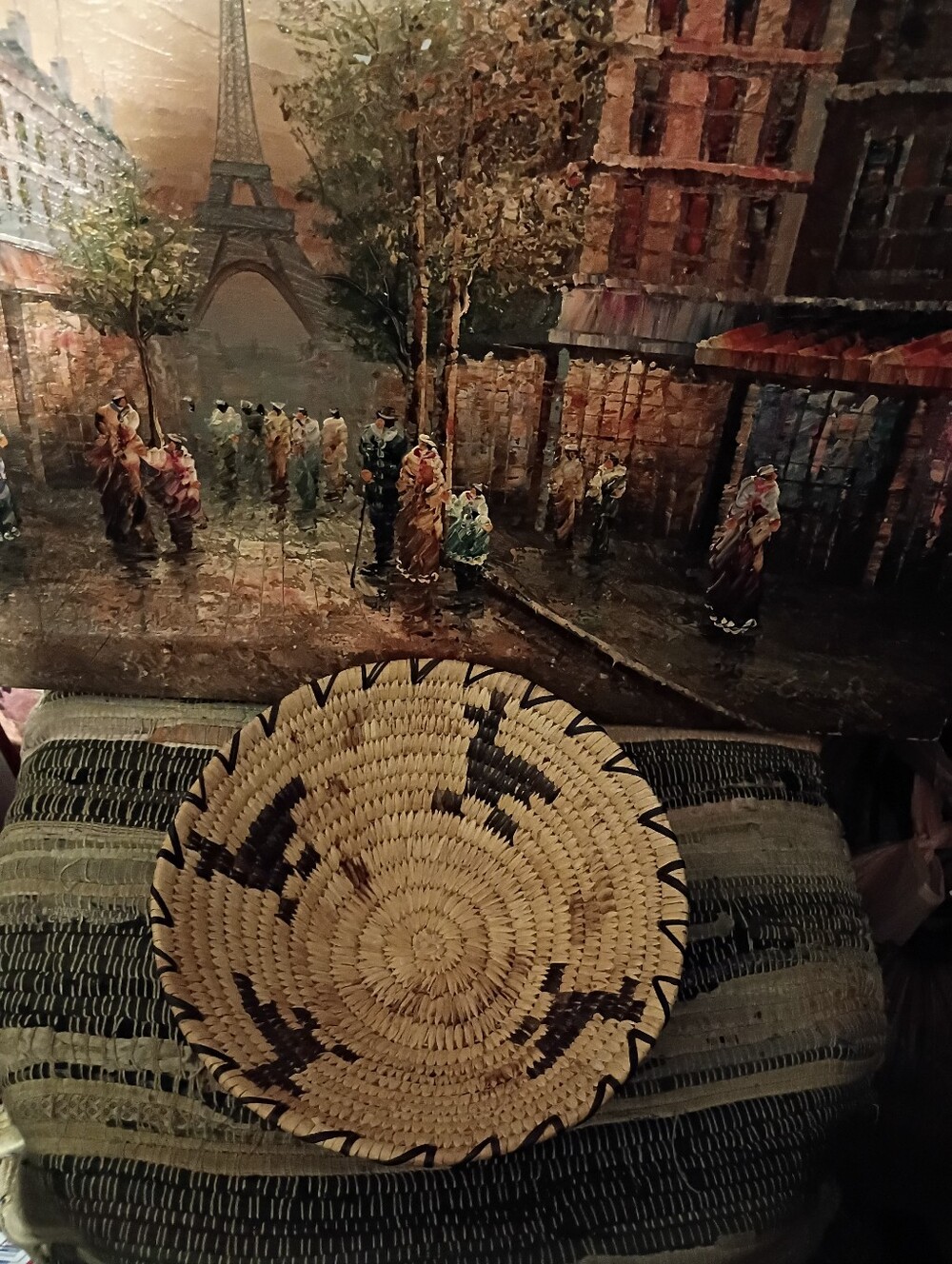 Woven Round Decorative Basket - Natural & Dark Brown Papago Pictorial Basket